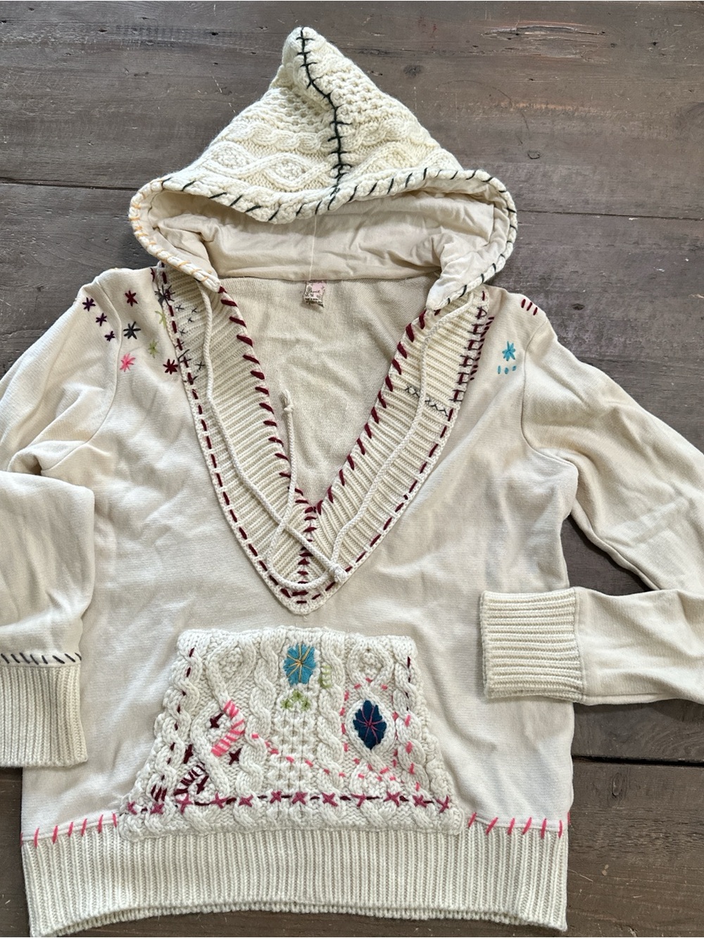 Free People Cream Hooded Knit Pullover